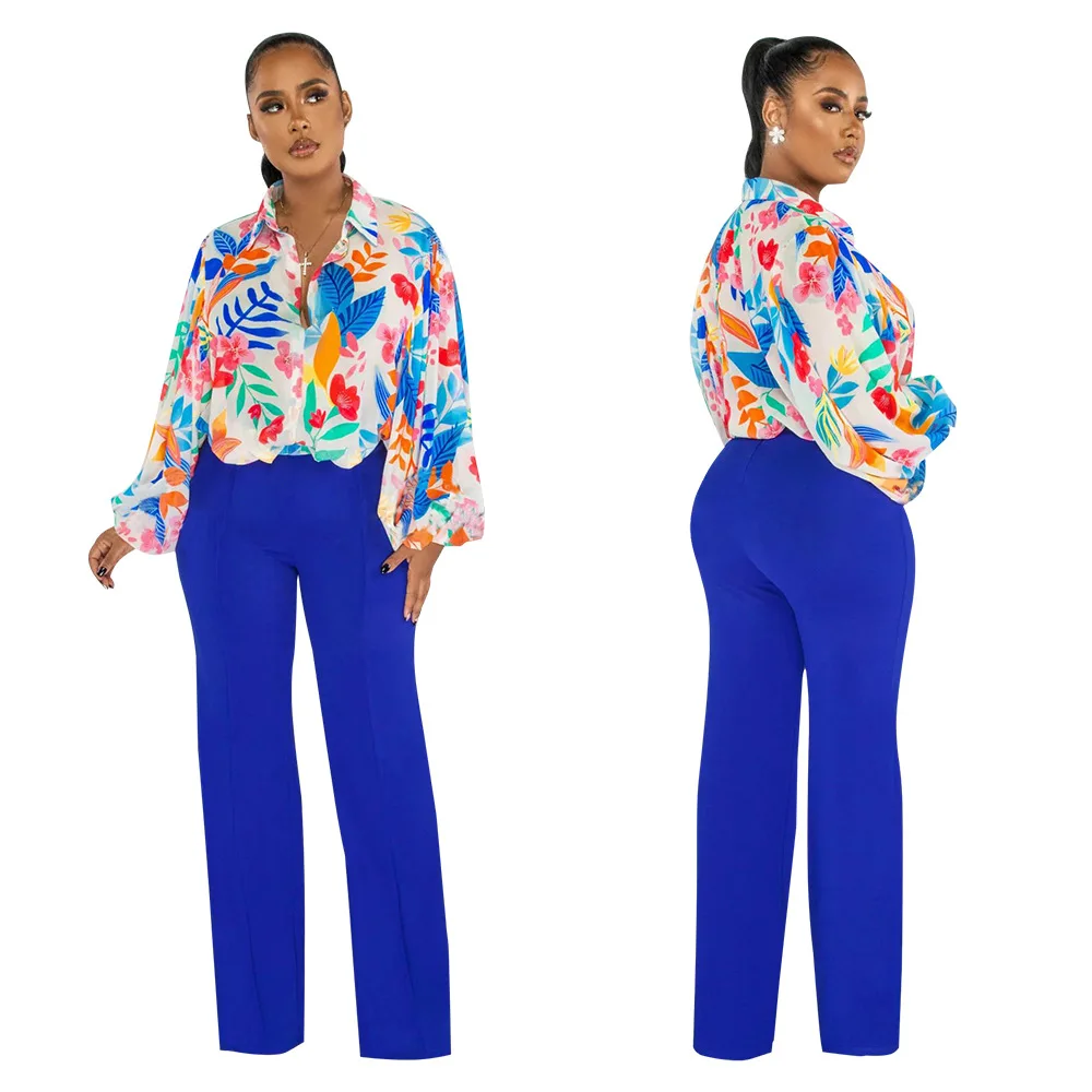J&H 2023 spring fall fashion printed shirts and blazer pants ladies chiffon top slim fit long sleeve causal outfits