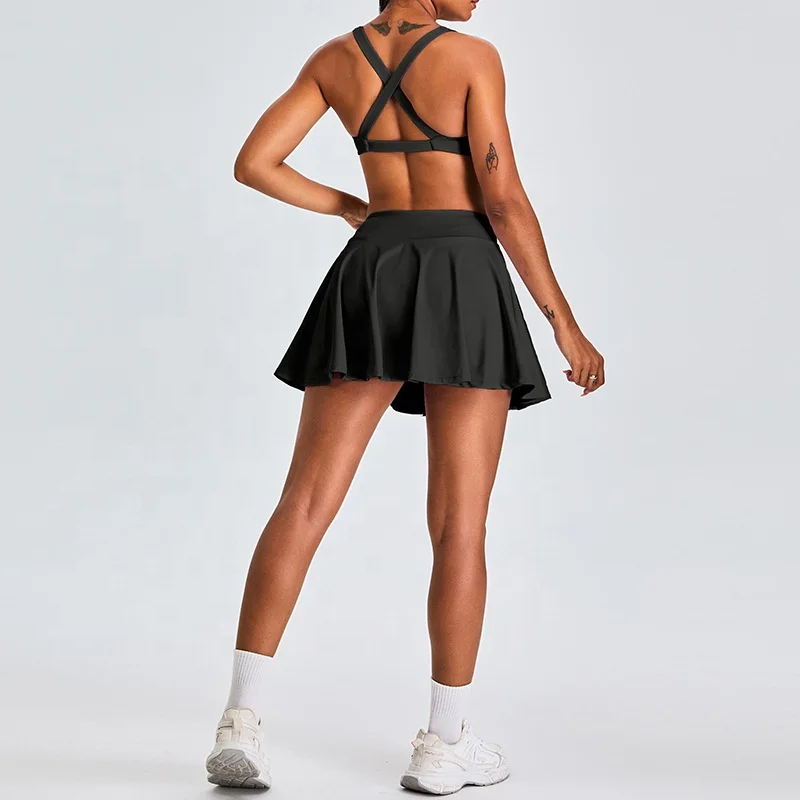 Custom Lulu Women High Quality 2 Pieces Tennis Skirt Tennis Wear Outdoor Running Sports Fitness Golf Wear Tennis Skirts Set