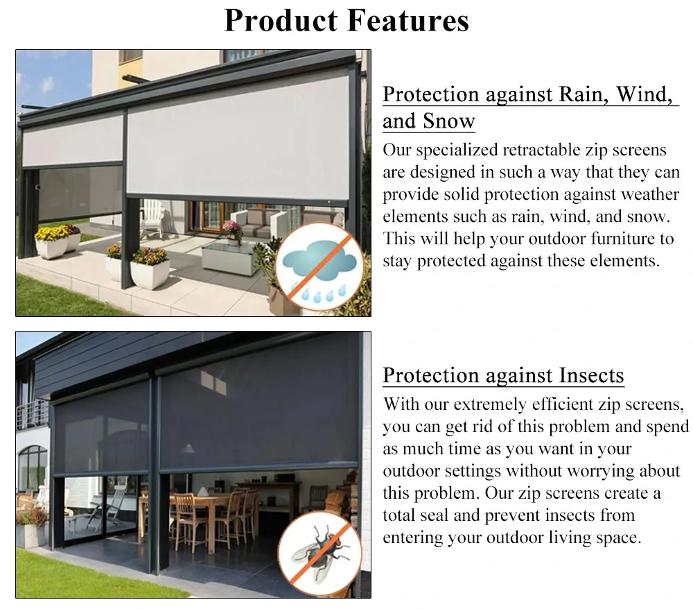 Customized Thick Metal Track Automatic Smart Drive Exterior Zip Track Outdoor Electric Roller Blinds Patio Blind