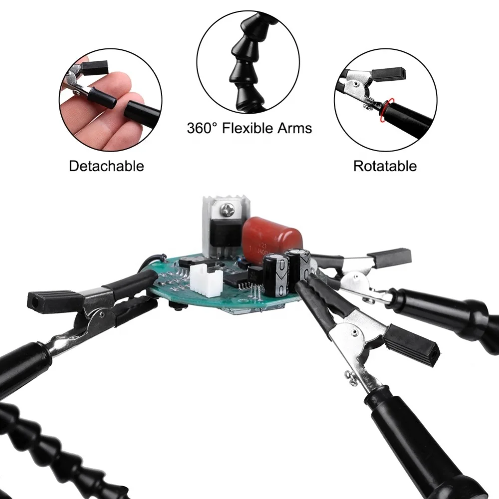 Soldering Third Hand Soldering Station 5Pcs Flexible Arms with 3X LED Magnifying Glass for Aircraft PCB Welding Repair Holder
