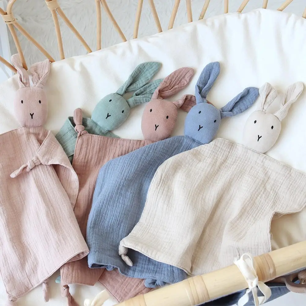 20232 New 100% cotton Gauze Ins Hot Sale Rabbit Bunny Head Toy Baby Lovey Baby Comforter Muslin Security Blanket
