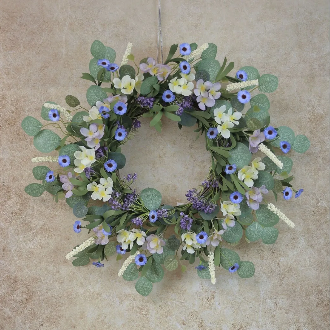 60CM Artificial Small Blue Flower Wreath For Home Door Decor Eucalyptus Leaves Daisy Flower Wreath