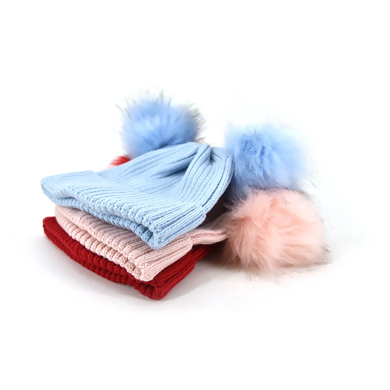 Cute Baby Beanie Kids Winter Fur Pompom Hat Organic Cotton Knitted Toddler Double Pom Beanie Cap for Girls Boys