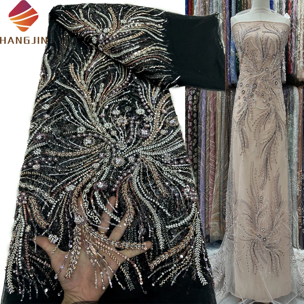 Оптовая продажа нигерийская сетчатая кружевная ткань полный жемчуг черные Роскошные Блестки тяжелая ручная вышивка бисером свадебная