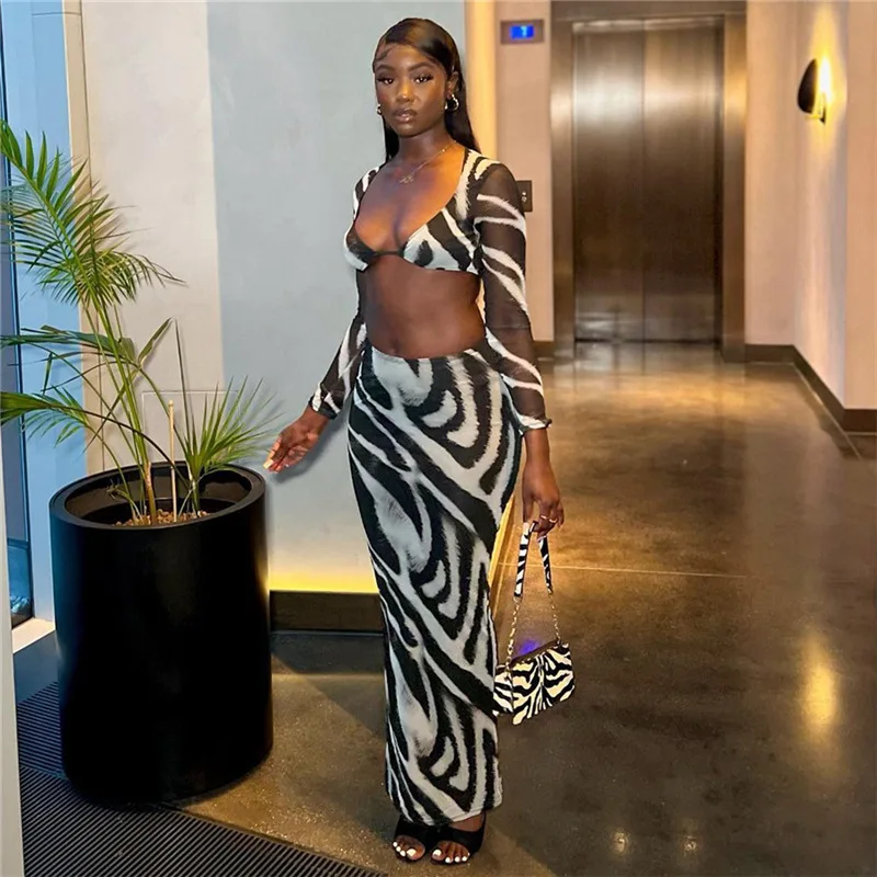 New Arrivals Fall Bodycon Print Vneck Long Sleeve Sets Womens Clothing Two Piece Fashion 2 Piece Set Women Skirt And Top