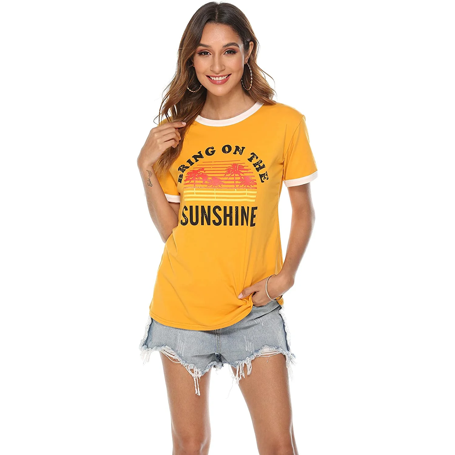 
2021 Trend Womens Bring On The Sunshine T-Shirt Graphic Tees Letter Printed Loose Casual Summer Funny Tops 
