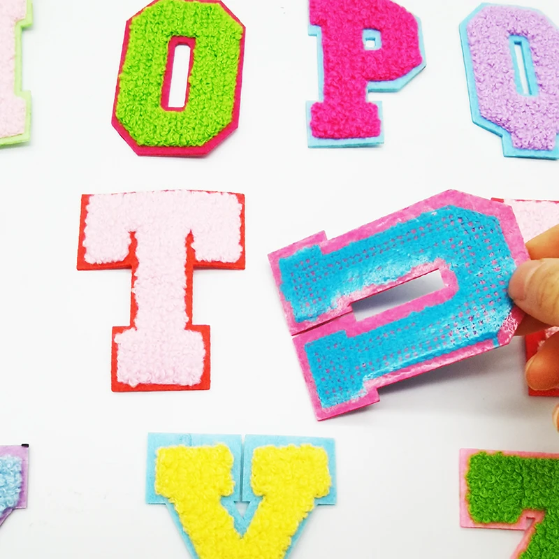 26 alphabets heat press backing colorful towel chenille letter patch iron on chenille patches for garment hat hoodie