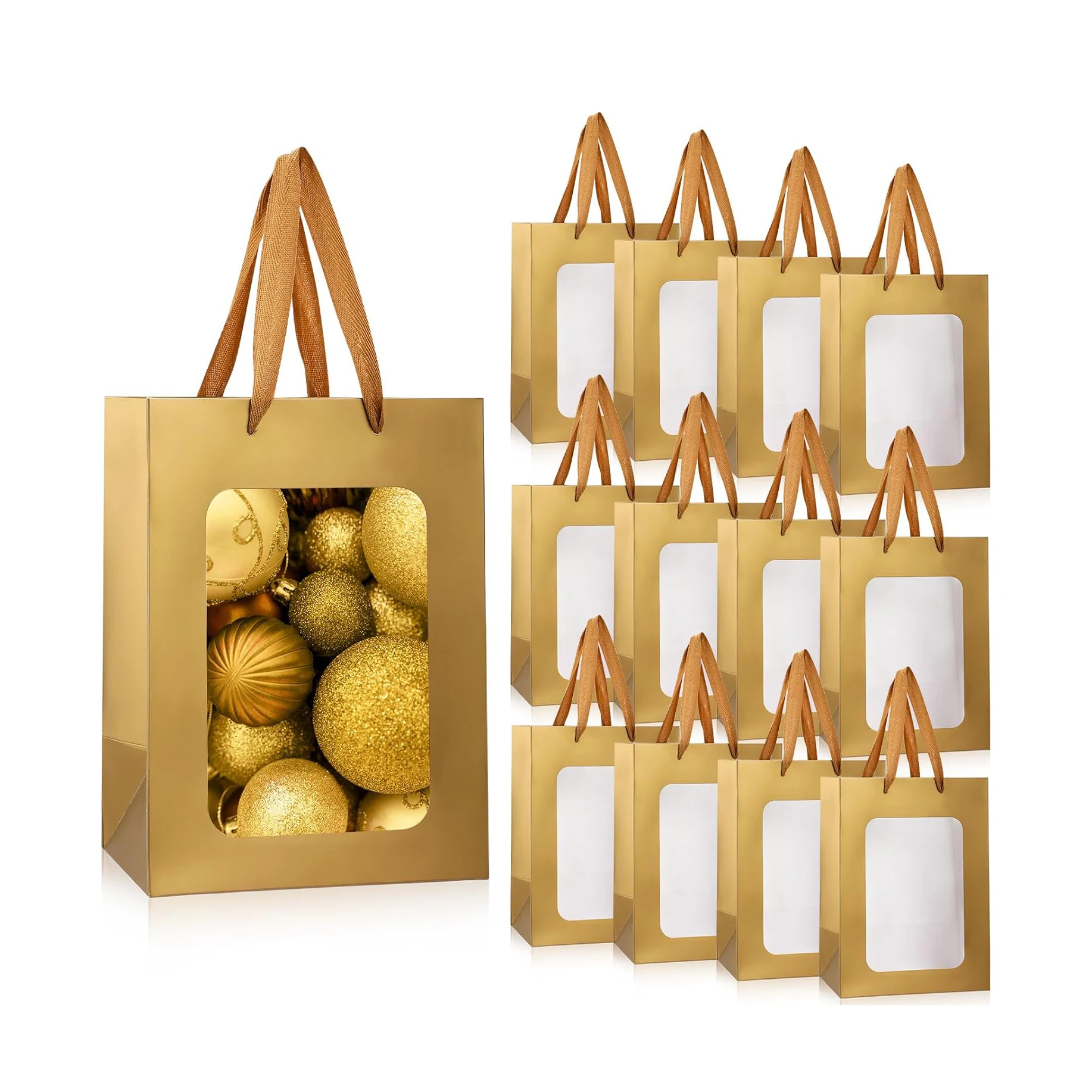 Custom Recyclable gift Shop flower Wedding festival birthday Logo golden handlybag clear window cardboard bags for jewelry