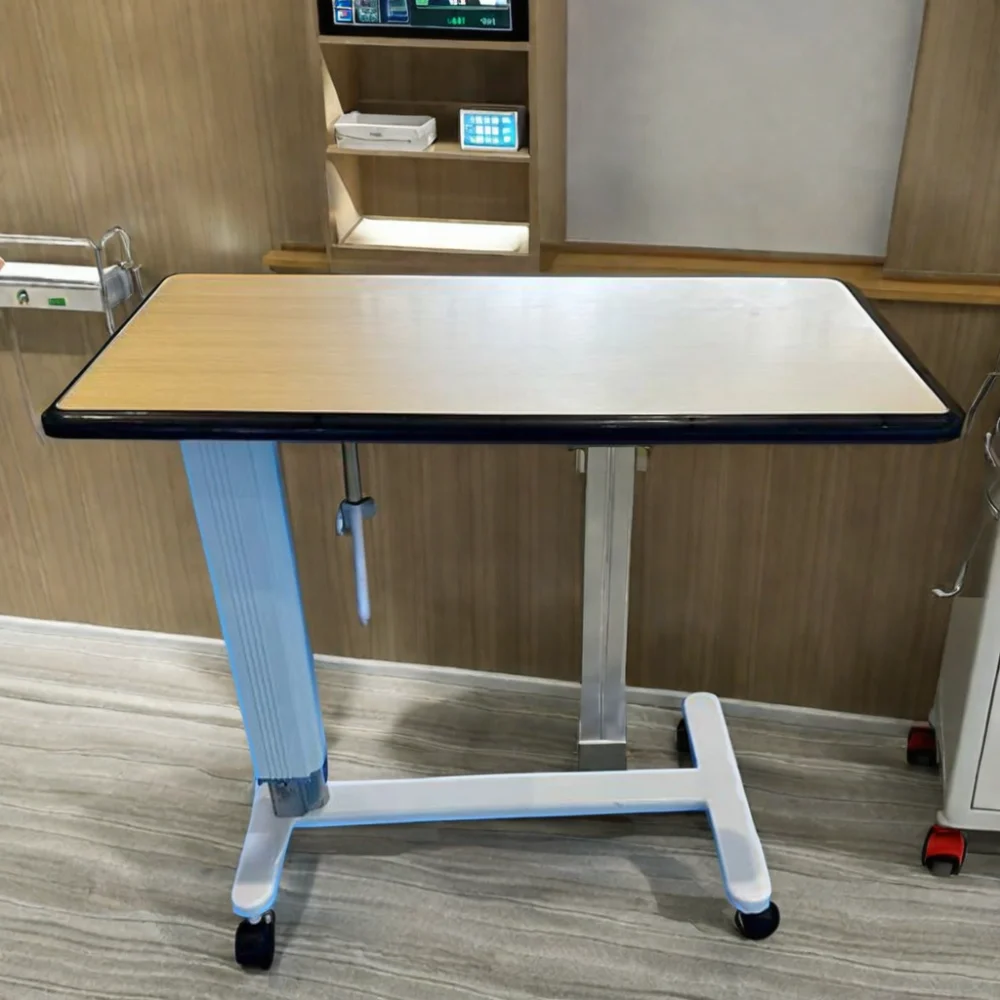 latest gas spring lifting height adjustable medical dinning nurse table computer table cheap hospital overbed table with wheels