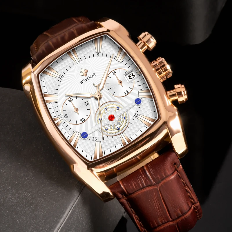 Brand WWOOR 8843 Watches Mens Wrist Luminous Hands Luxury Quartz Watches Fashion Square Leather Band Clock Waterproof Sports