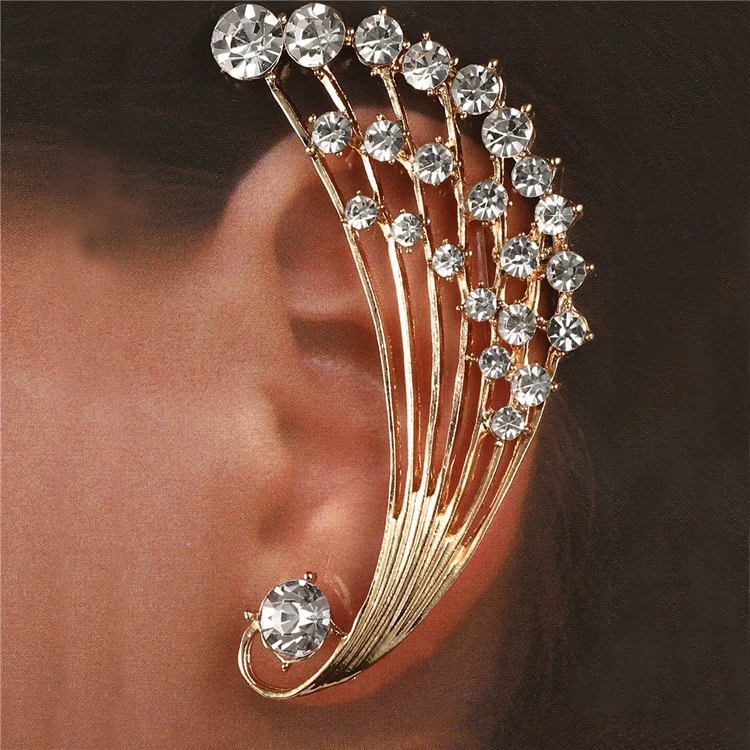 Personality Punk Wing Clip-on Earrings Fashion Spreading Wings Peacock Feather Rhinestone Crystal Cuff Earrings Women