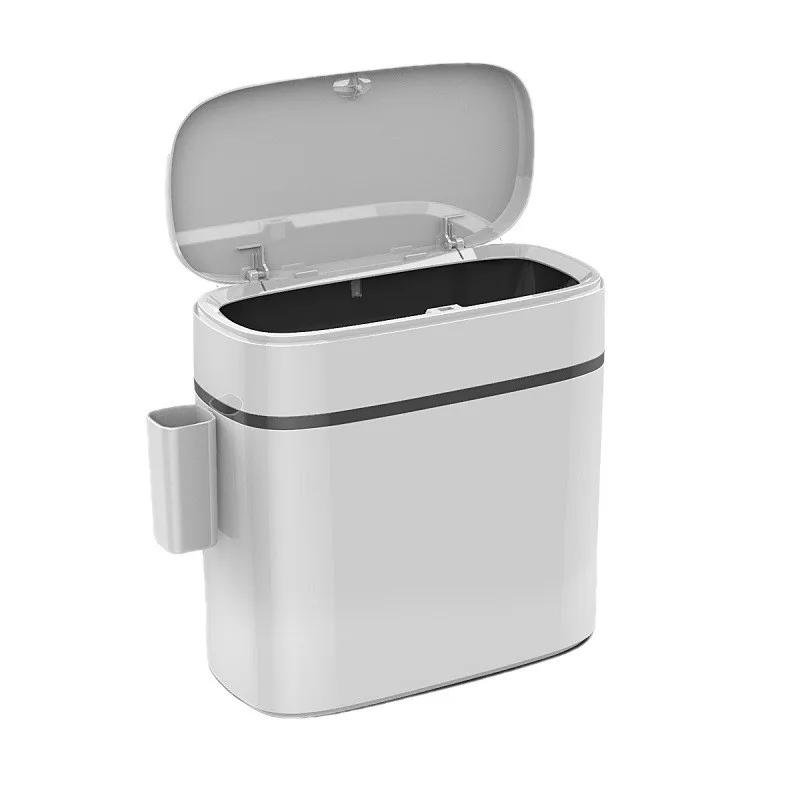 Bathroom Trash Can with Lid Slim Plastic Wastebasket with Toilet Brush Container Garbage Bin with Press Locking Lid for Home