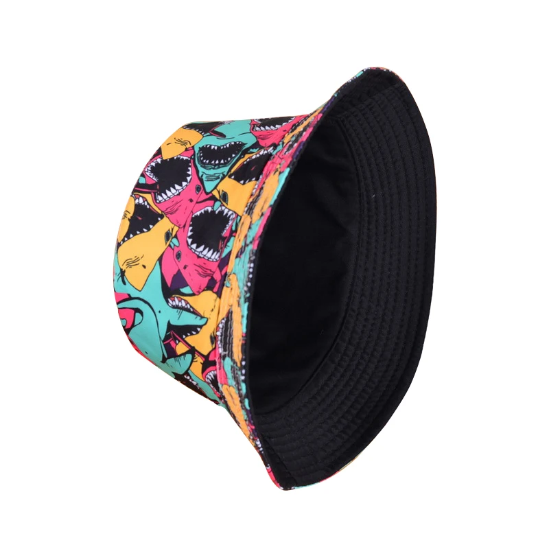 Summer Hip Hop Travel Beach Cap For Men Women Double Sides Graffiti Panama Caps Shark Print Fisherman Hats Cartoon Bucket Hat