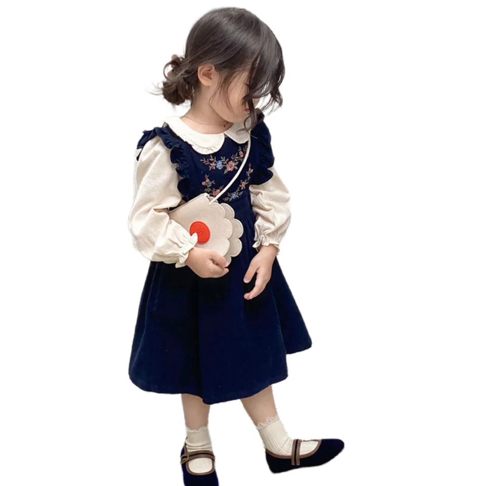 Hot Selling Spring Autumn Retro Kids Two Piece Skirt Set Long Sleeved Doll Collar Shirt Embroidered Corduroy Vest Dress Girls