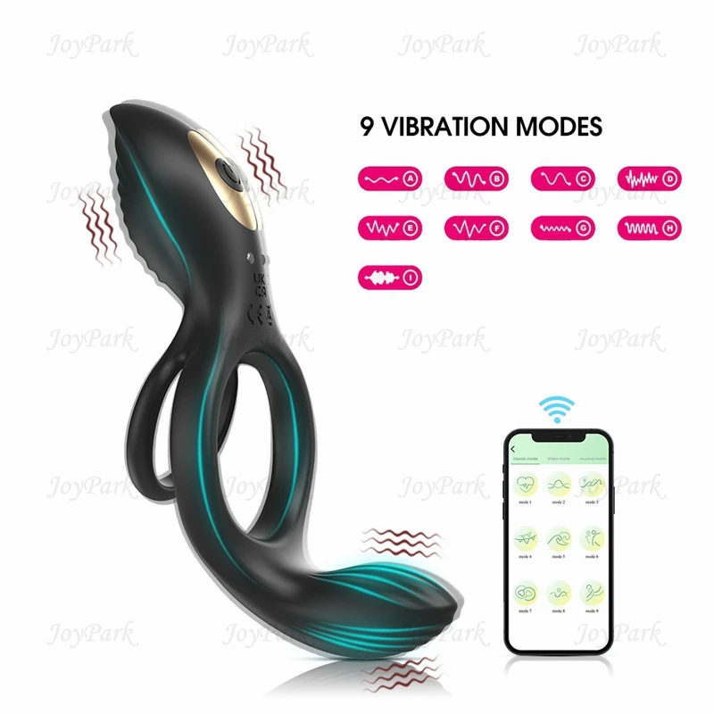 JoyPark Dual Motor Silicone Double Penis Ring Lock Couple Shock Penile Mens Masturbate Remote Control APP Vibrating Ring for Men