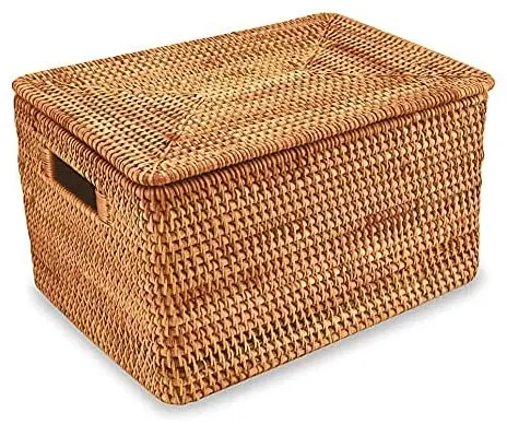 Rectangular Woven Fruit Natural Fall Rattan Storage Baskets Set 3 With Lid cesta almacenamiento de