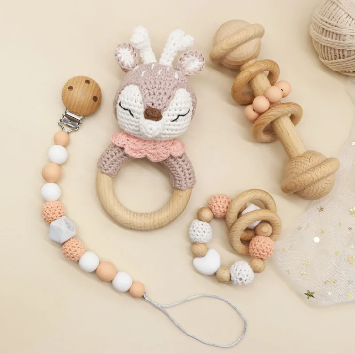wholesale baby wooden rattle crochet elephant design baby rattle crochet wooden silicone beads
