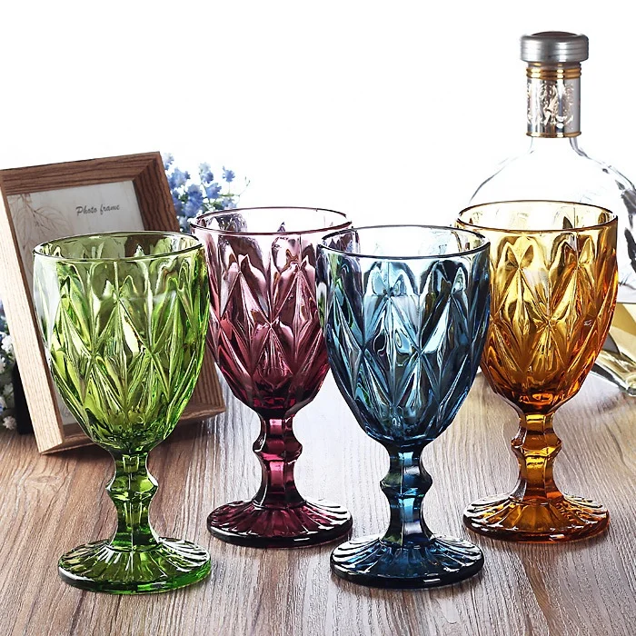 4pcs Colorful Embossed Goblet Glass Retro Red Wine Cup Household Heat-resistant Thickened Goblet European Mug For Pub