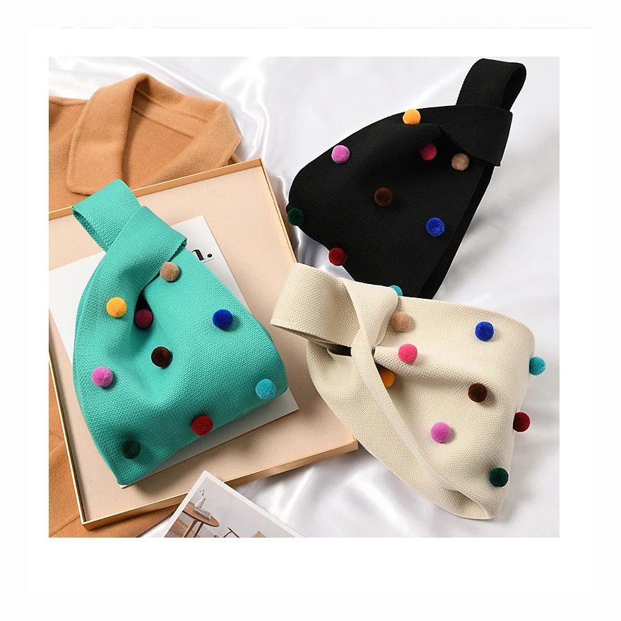 Wholesale Korean Style Ladies Small Clutch Purse Japanese Knitted Knot Bag Women Cute Crochet Clutch Handbag With Pom Pom