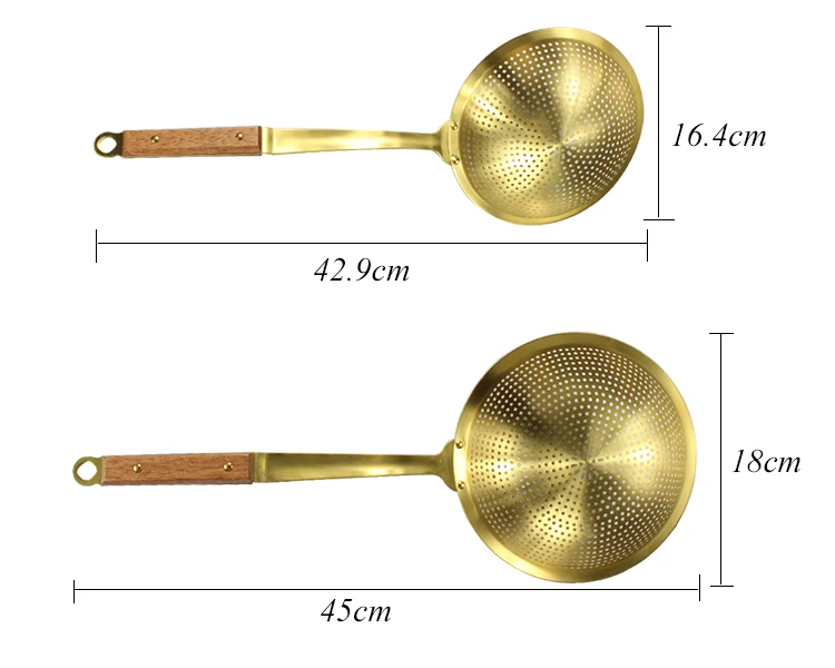 Slotted Spoon Kitchen Flour Sieve Gold Pasta Strainer Skimmer Wood Handle Stainless Steel Colander Ladle