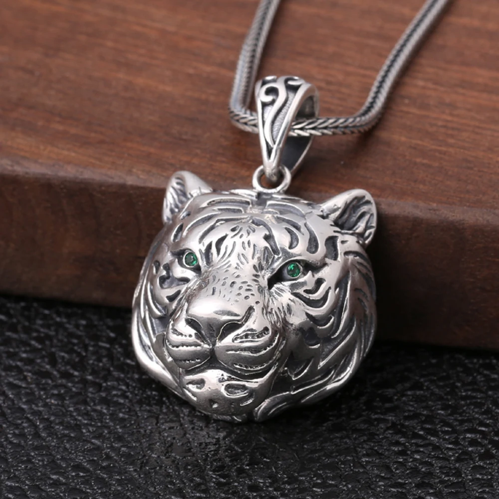 Real Pure Sterling Silver 925 Tiger Pendant For Men Cool Punk Rock Pendants Personalized Viking Jewelry