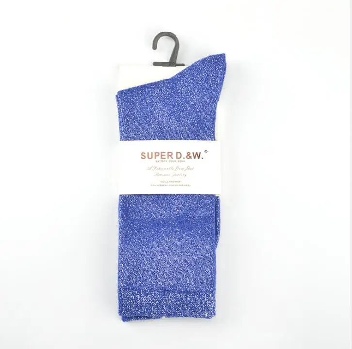 2024 Women Solid Silver Lurex Socks Plain Knit Colorful Large Size Metallic Pink Purple Shiny Winter Cotton Crew Socks
