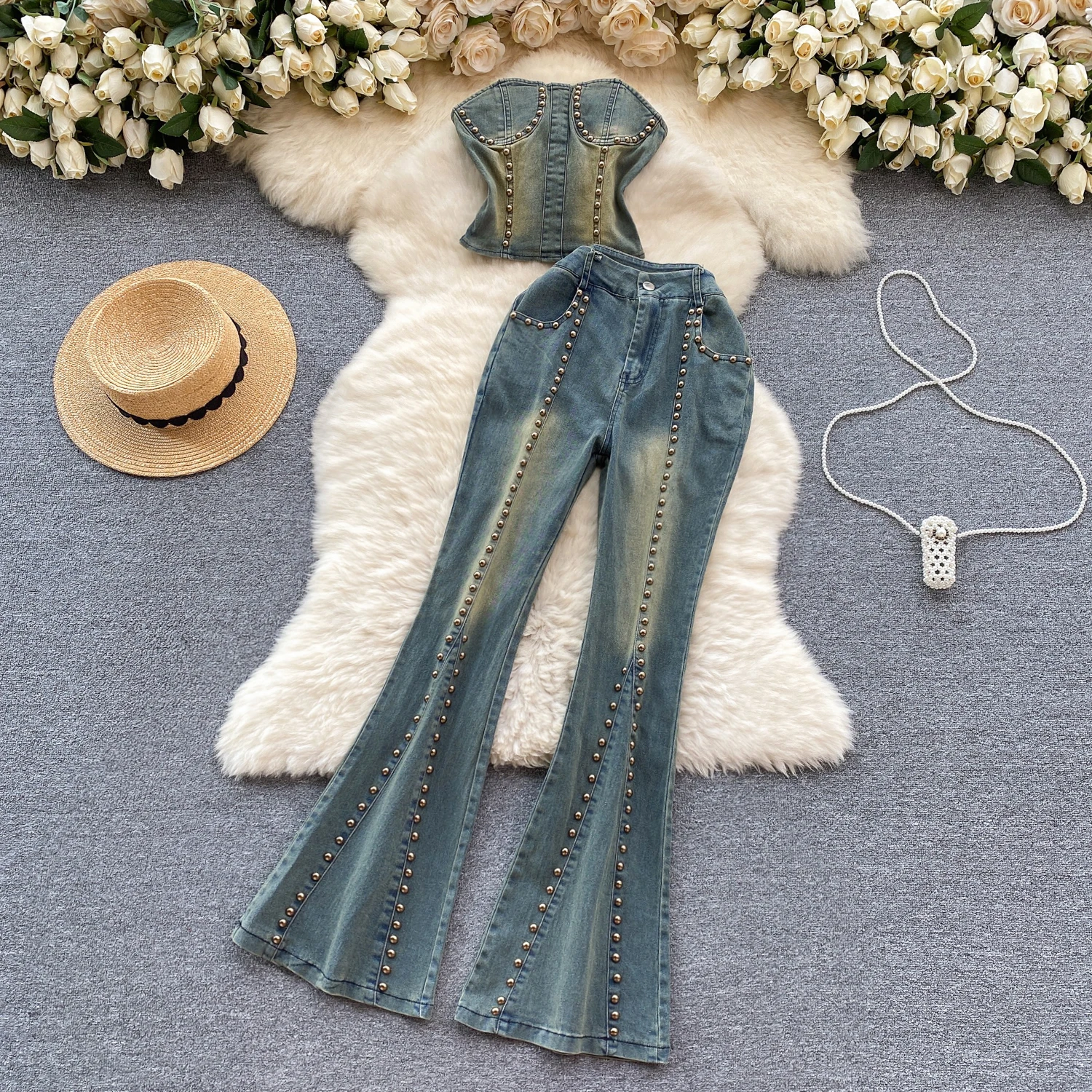 Y2K 2 Piece Set For Women Sleeveless Top And High Waist Slim Denim Pants Set Clothing Wholesale