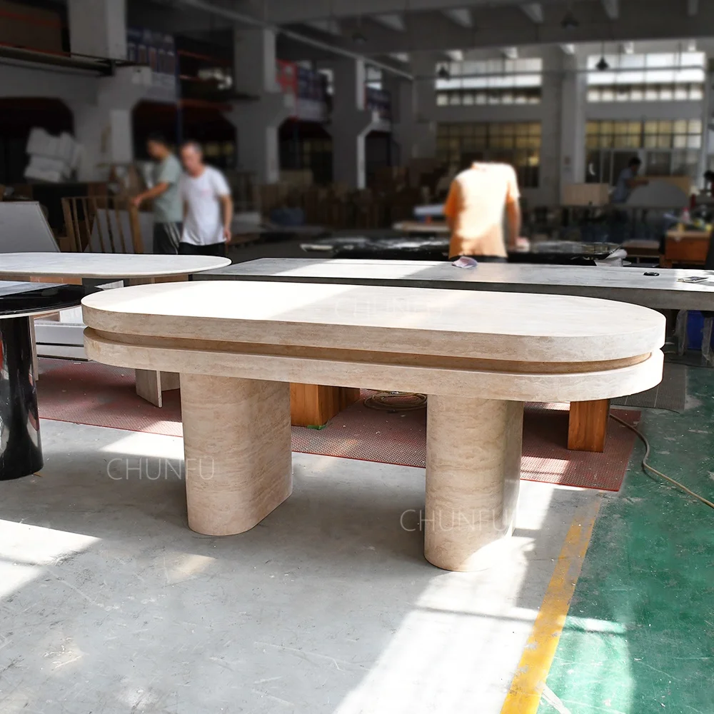 OEM ODM Home furniture 12 seat dining table set lighting natural stone marble travertine dining table