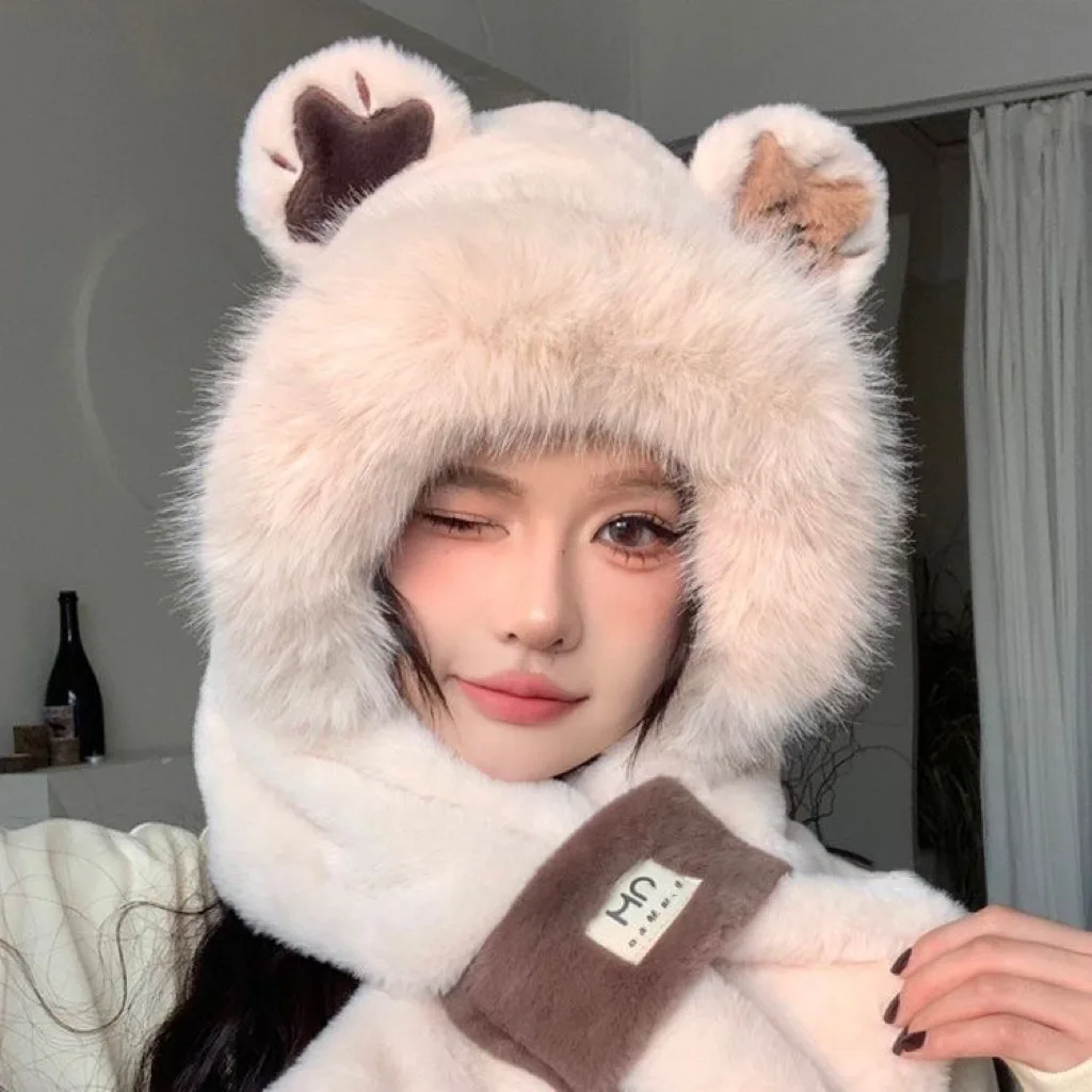 Wholesale factory plush hat autumn and winter scarf hat overall plush girl super cute ear protection plush animal bear hat