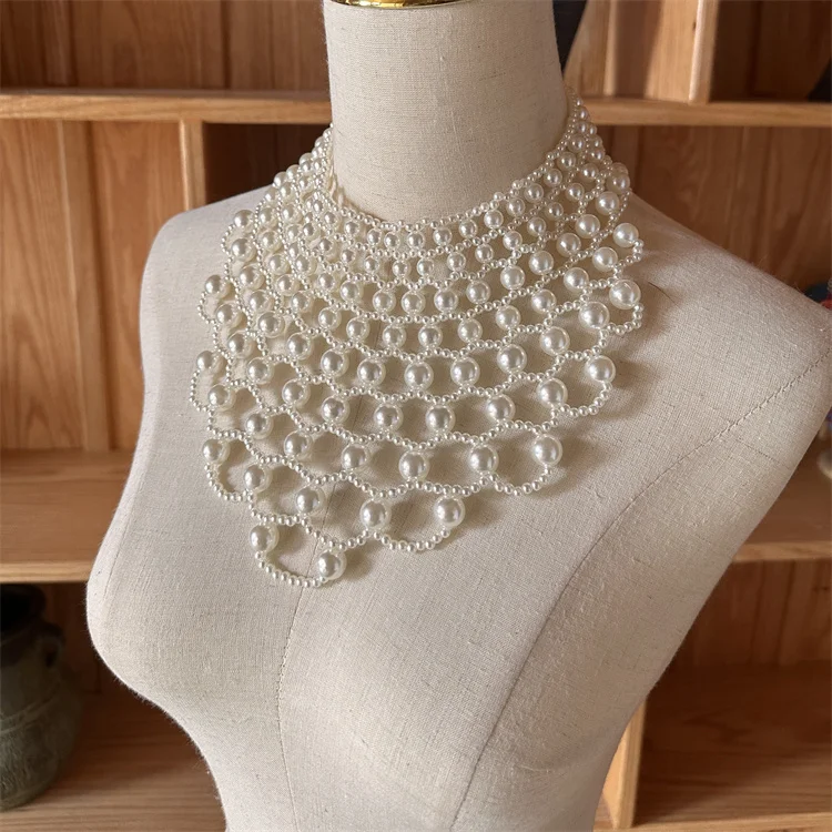 Women Hollow Out Woven Imitation Pearl Necktie Necklace Retro Weaving Beaded Vintage Jewelry Choker Big Flower Shirt Tie Collar