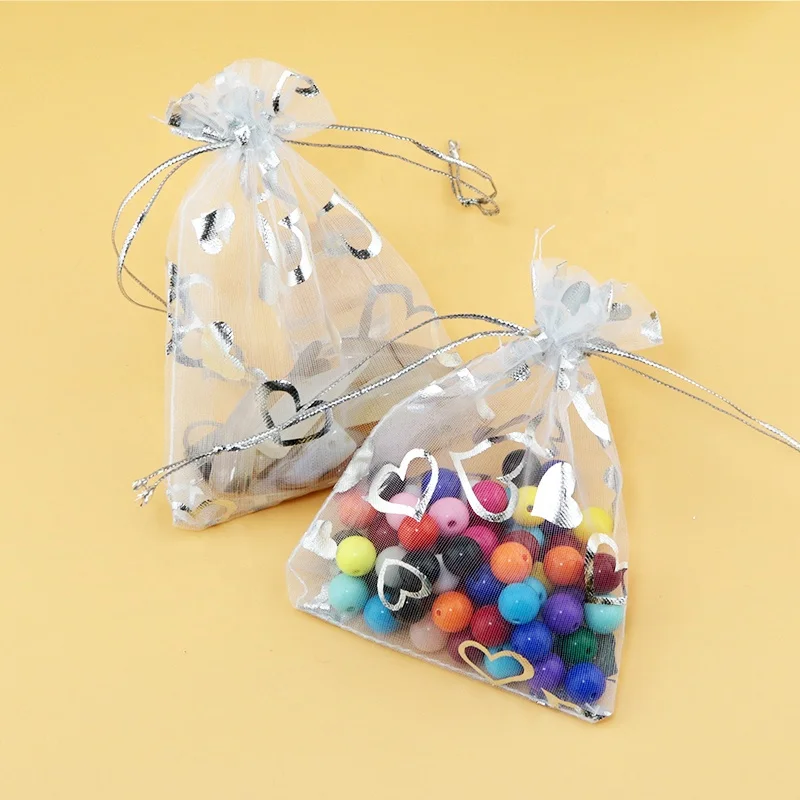 Wholesale 100pcs/lot White Organza Bag 7x9cm Silver Heart Print Wedding Jewelry Organizer Packaging Bags Pouches Nice Gift Bags