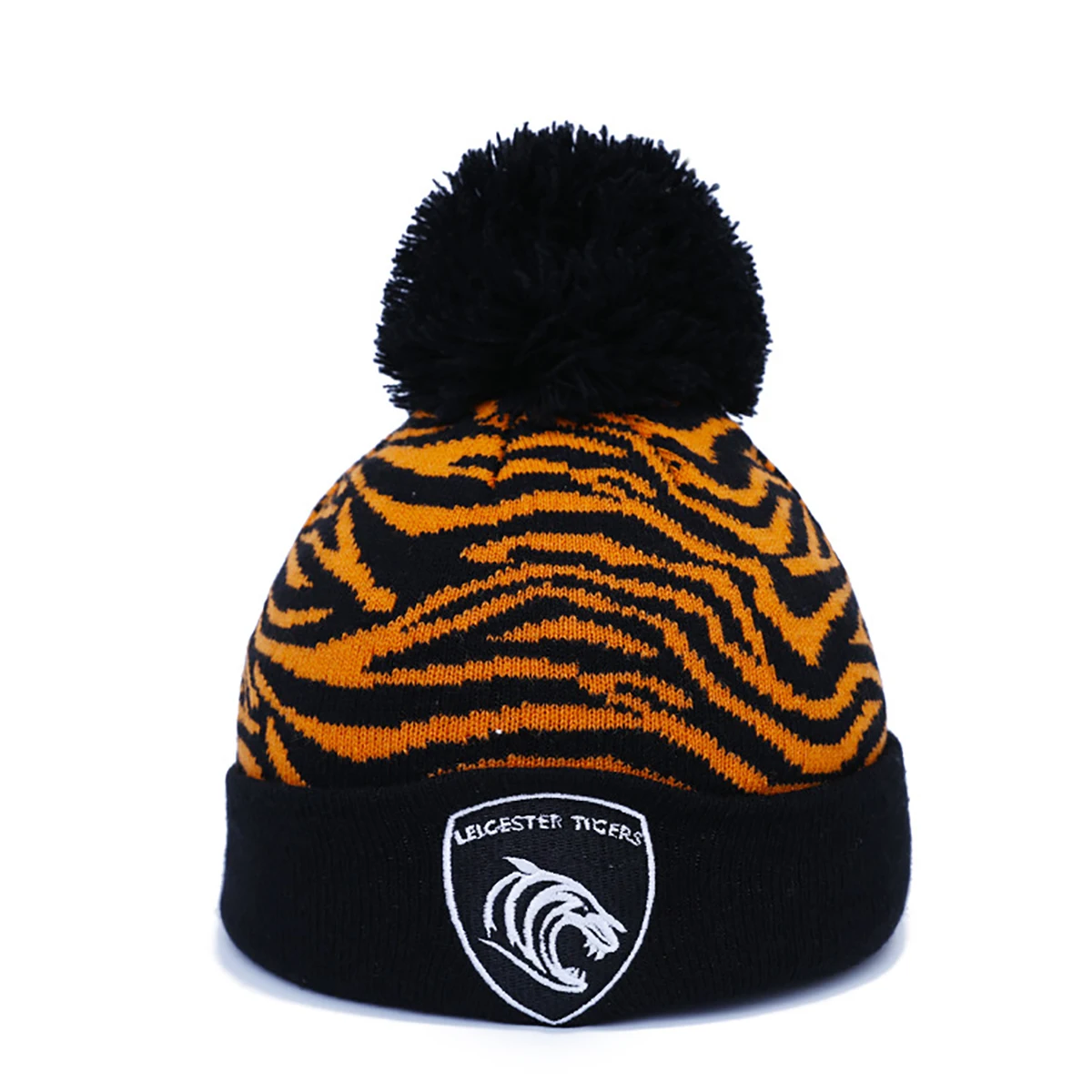 Promotional Custom Logo Embroidery Patch Jacquard Acrylic Knitted Mixed colors  Pom Pom Beanies Hat with top ball and Brim Cuff