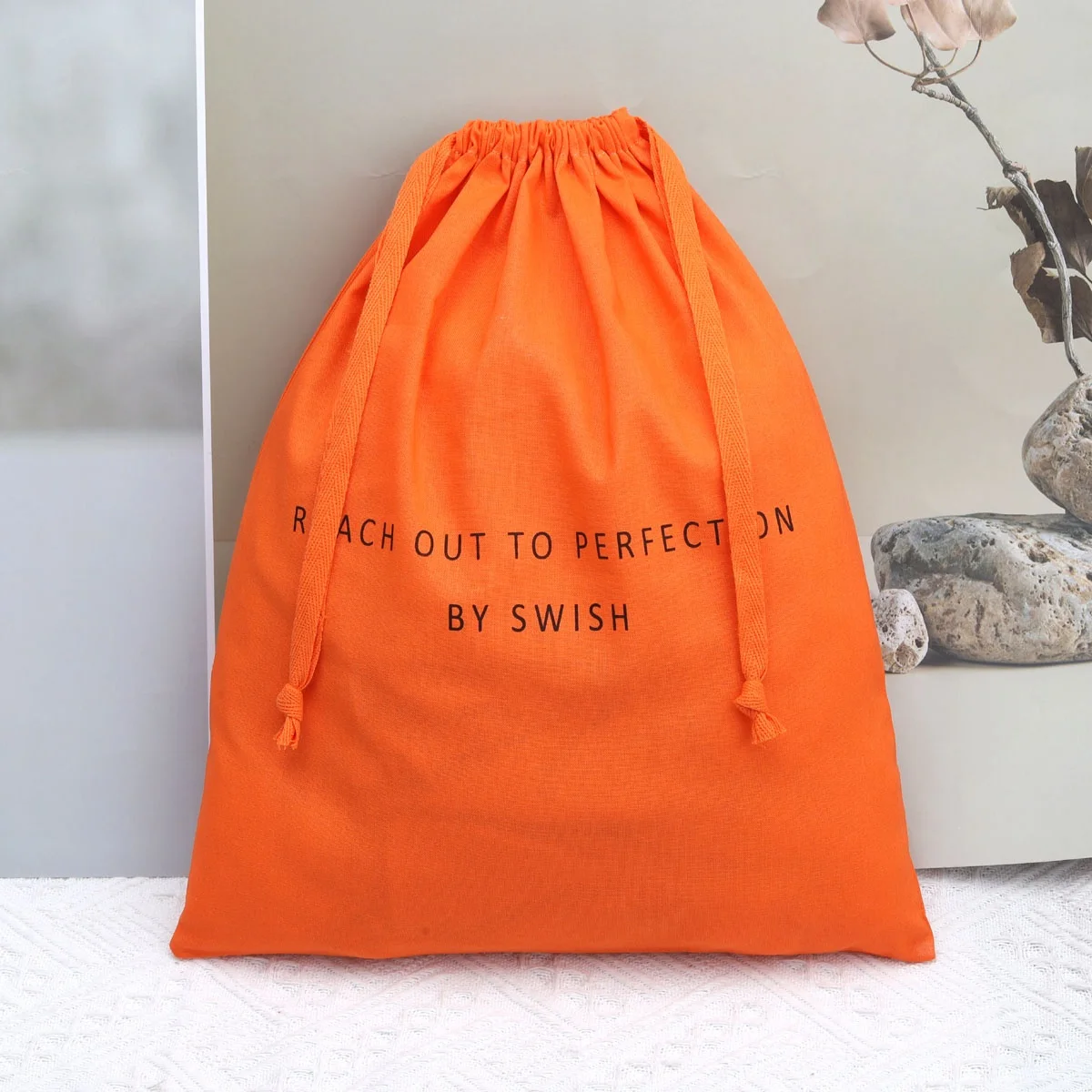 Custom Size Organic Orange Cotton Drawstring Dust Bag For Shoe Christmas Gift Logo Printed Cotton Linen Pouch Shopping Bag