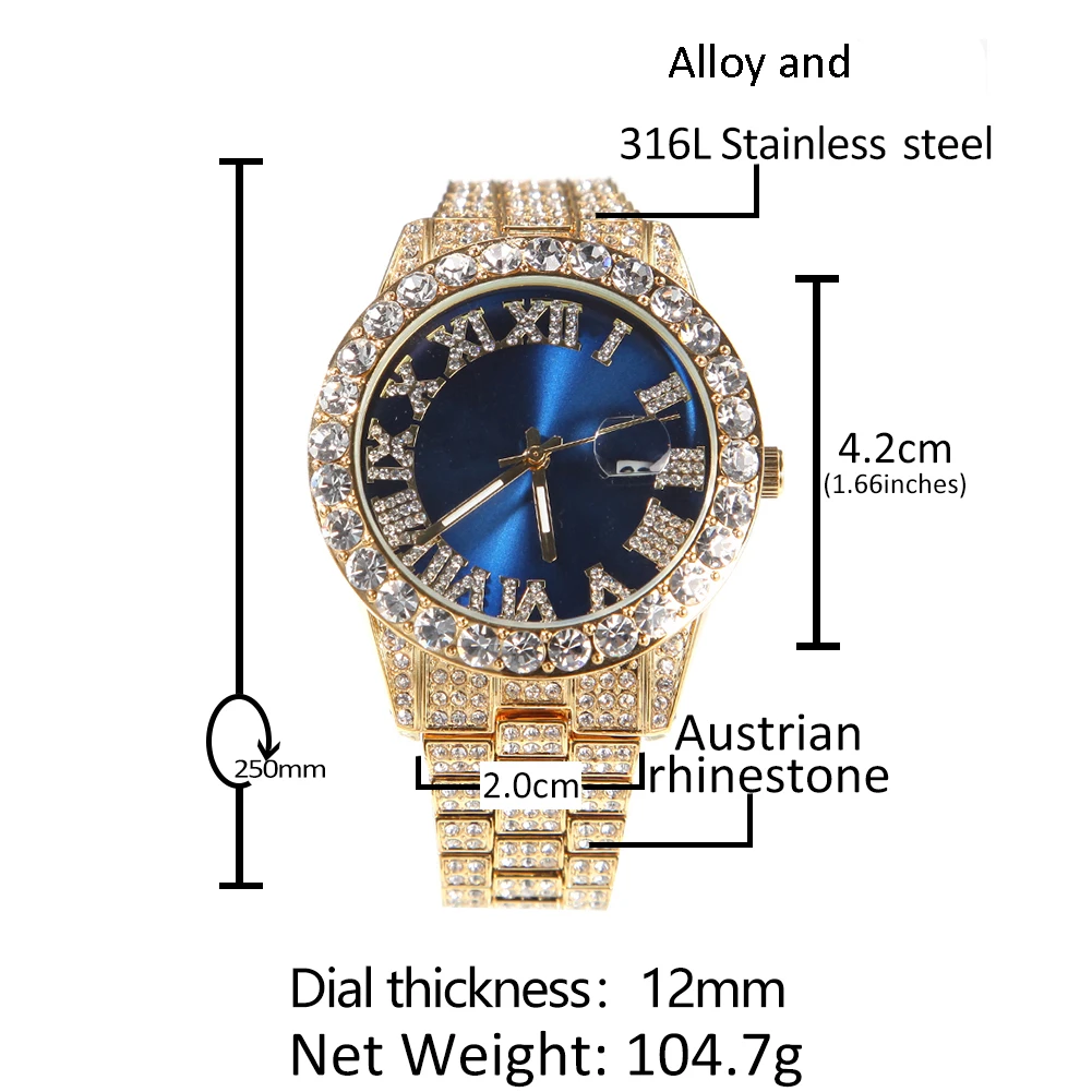 Women Watches Bling Hip Hop WatchesIced Out Rhinestones Pink Daily Waterproof Round Dial Number Light Blue Face Quartz Watches
