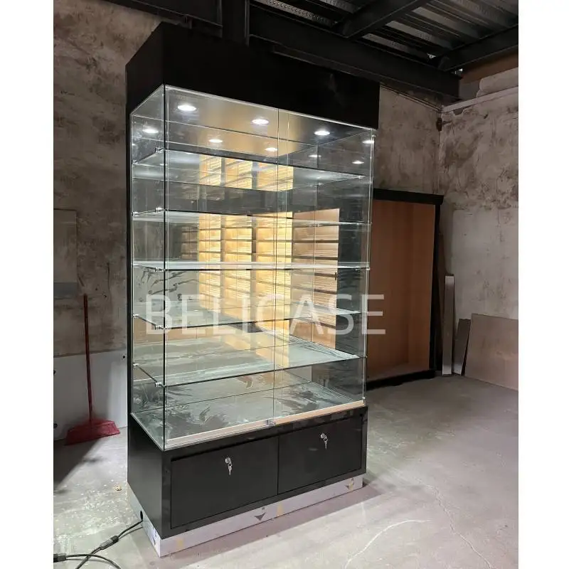 Luxury Jewelry Showcase Glass Display Cabinet Dispensary Store Fixture Tobacco Display Cases with Led light Smoke Shop Equipment