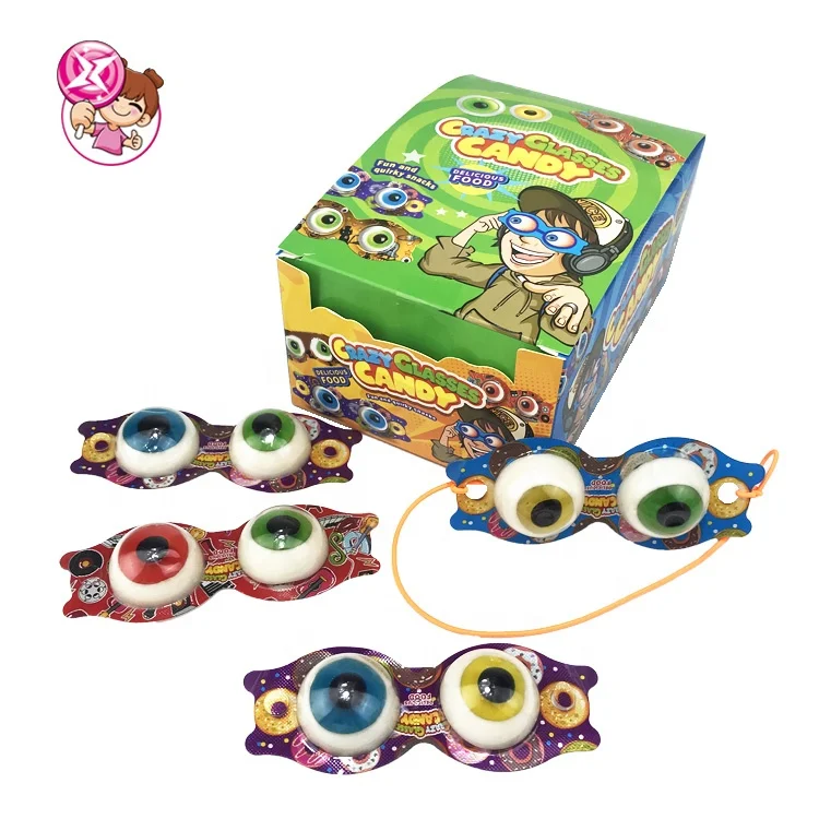 Factory wholesale high quality sweet candy toys elastic ring glasses funny color eyeballs fruit flavor halal gummy candy