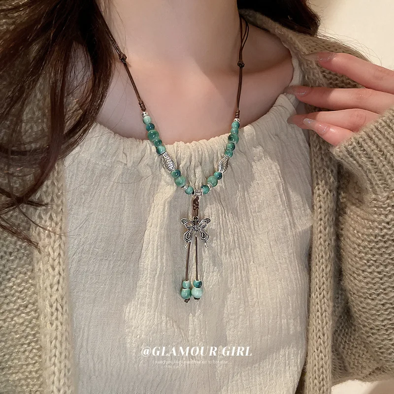 New Chinese Ceramic Tassel Multi-Layer Braided Rope Necklace National Fashion Retro Clavicle Chain All-Matching Women