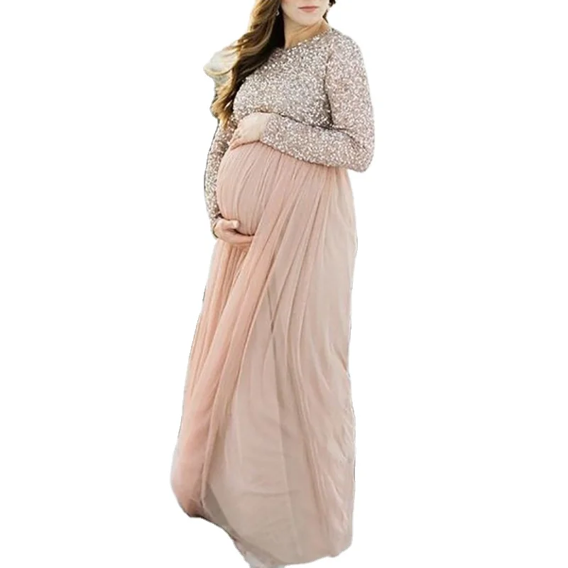 Spring and summer new Europe and the United States pregnant women big swing tail bead gauze dress