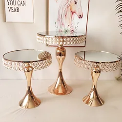 luxury Crystal pearl Gold Plated cake stand round metal Cup cake Stand Mirror Birthday Party Dessert Display Wedding Decor