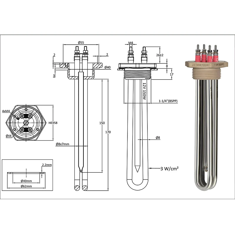 electric heating element solar 12V 24V 600W Low voltage renewable energy immersion heaters