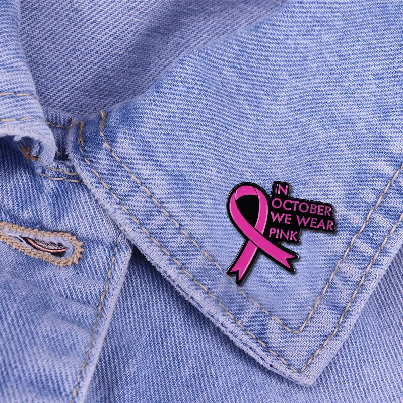 Custom October We Wear Pink Pins metal iron stamping soft enamel breast cancer awareness pink ribbon badge