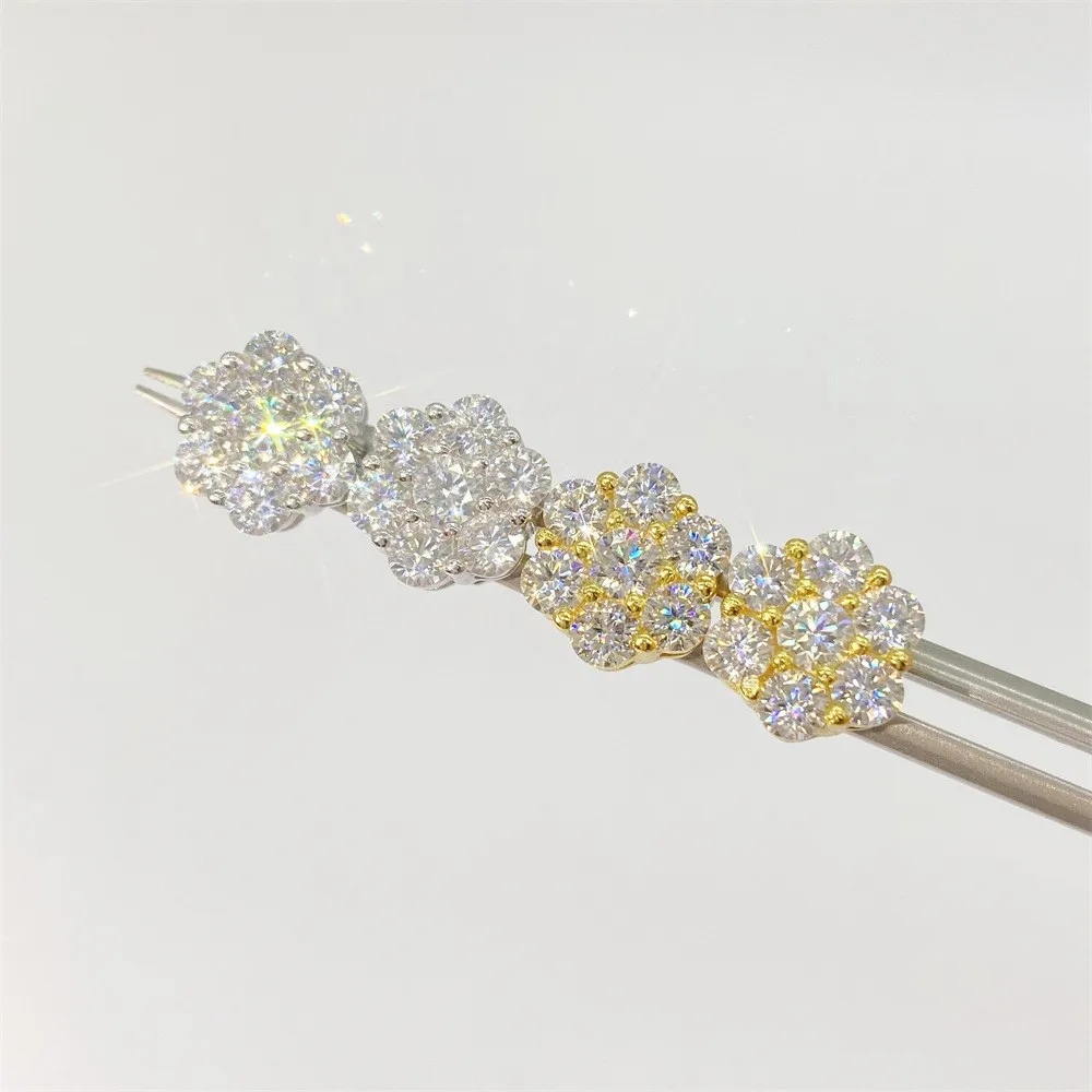 Кластера цветок дизайн унисекс Муассанит серьги для мужчин в стиле хип-хоп, 925 стерлингового серебра Муассанит серьги-гвоздики для женщин