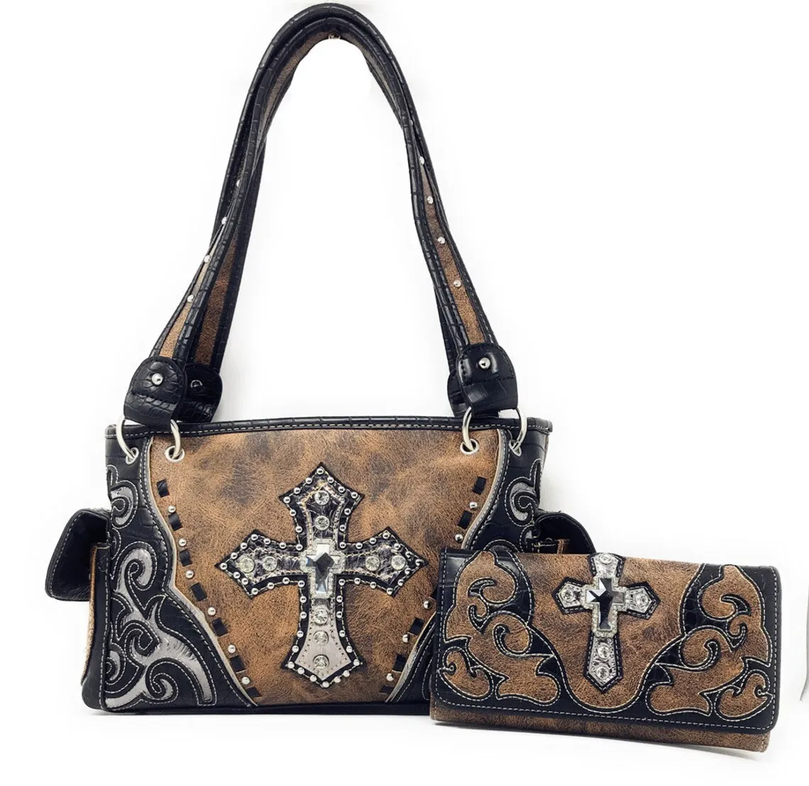 Premium Rhinestone Cross Cut Out Western Embroidered Womens Concealed Carry Handbag With Matching Wallet in 5 Colors Low Price
