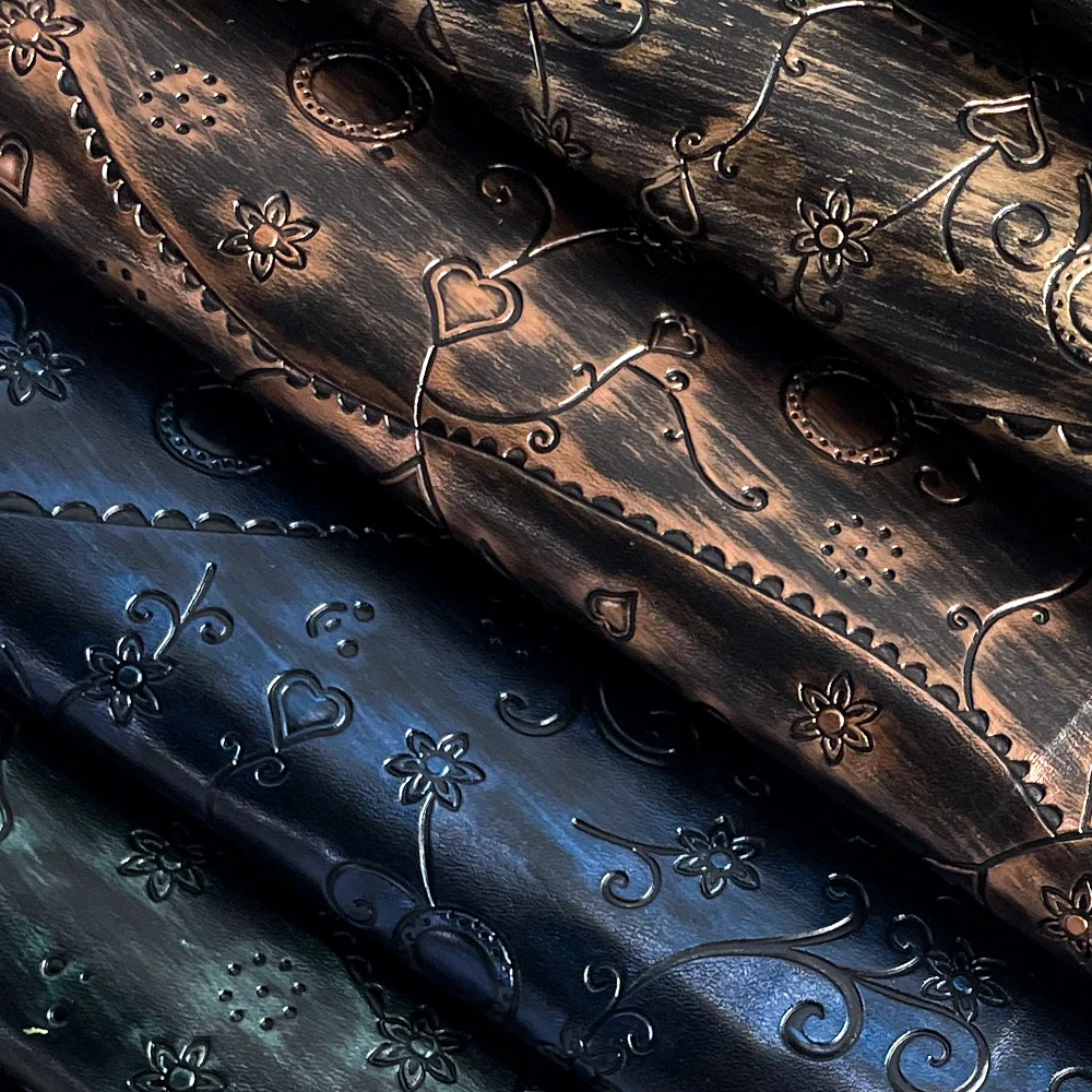 Metallic Embossed Leatherette 3D Carved Floral Design Synthetic Leather Paint Surface Vinyl Fabric For Leather Bags/Belts/Shoes