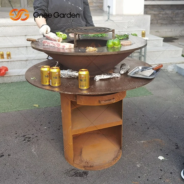 3mm Thick Fire Grill Outdoor Corten Steel Fire Pit with BBQ Barbecue Grill Outdoor Fire Pit