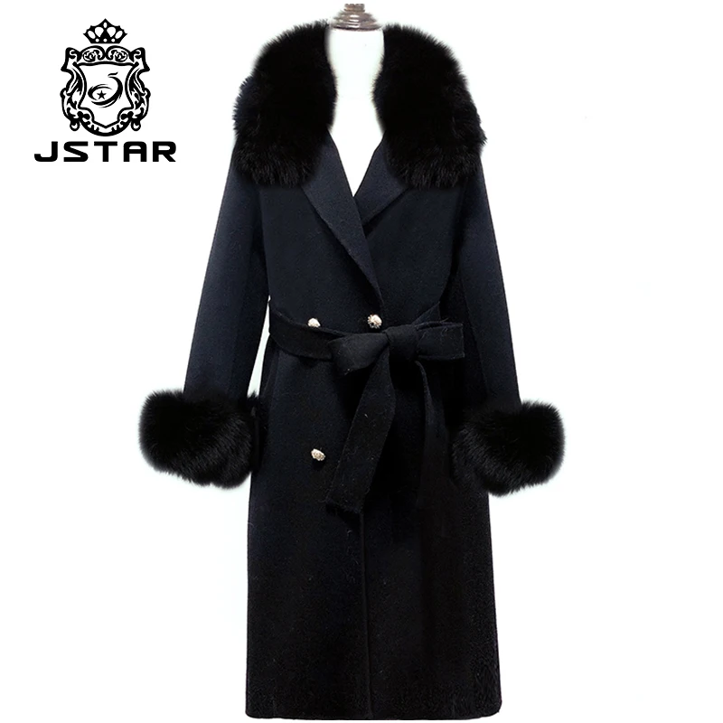 Real Fox Fur Collar Long Fur Cashmere Coat Oversized Trench Coat Belted Cashmere Sheepskin Shearling Fox Fur Coat