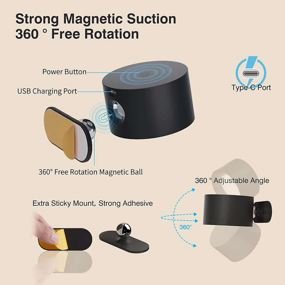 Rechargeable Battery Operated 3 Brightness Level Rotate Cordless Wall Light reading Bedside LED Wall Mounted Lamp
