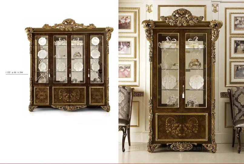 Rococo design french royal luxury wooden carved display cabinet glass wine cabinet