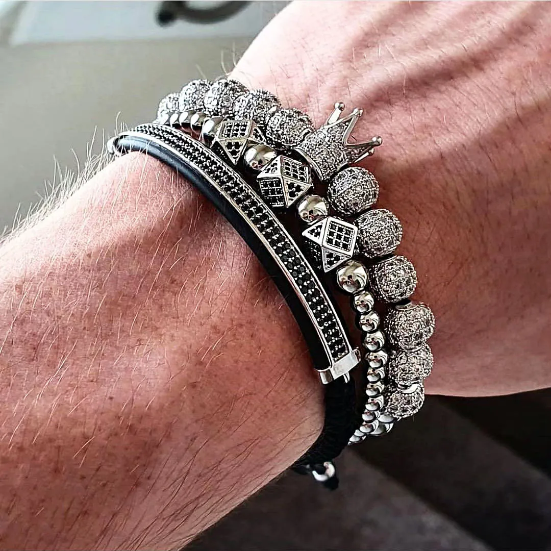3PCS/Set Stylish Roman Royal Men Gold Plated Adjustable Crown Bracelet Spherical Bead Woven Leather Custom Bangles Jewelry
