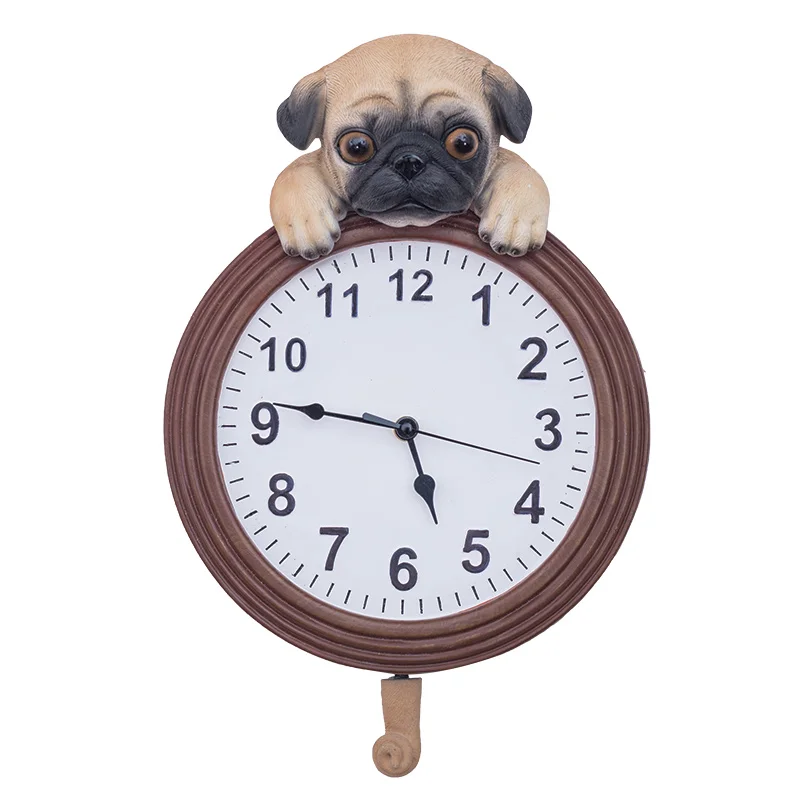 Resin puppy bulldog, animal wall clock, cute cartoon animals decorated indoor pendulum clock